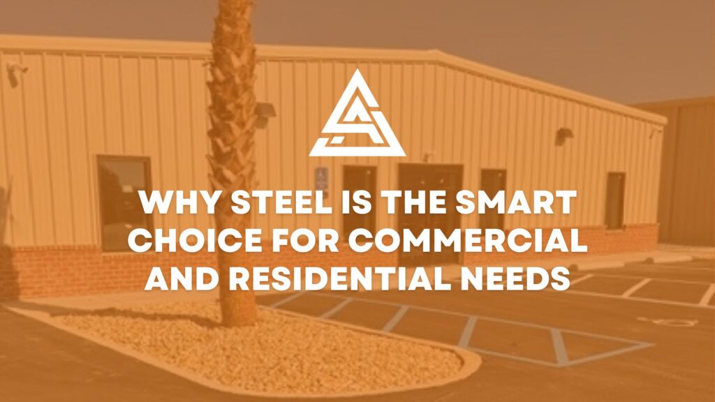 Modern steel commercial building with brick base and parking lot